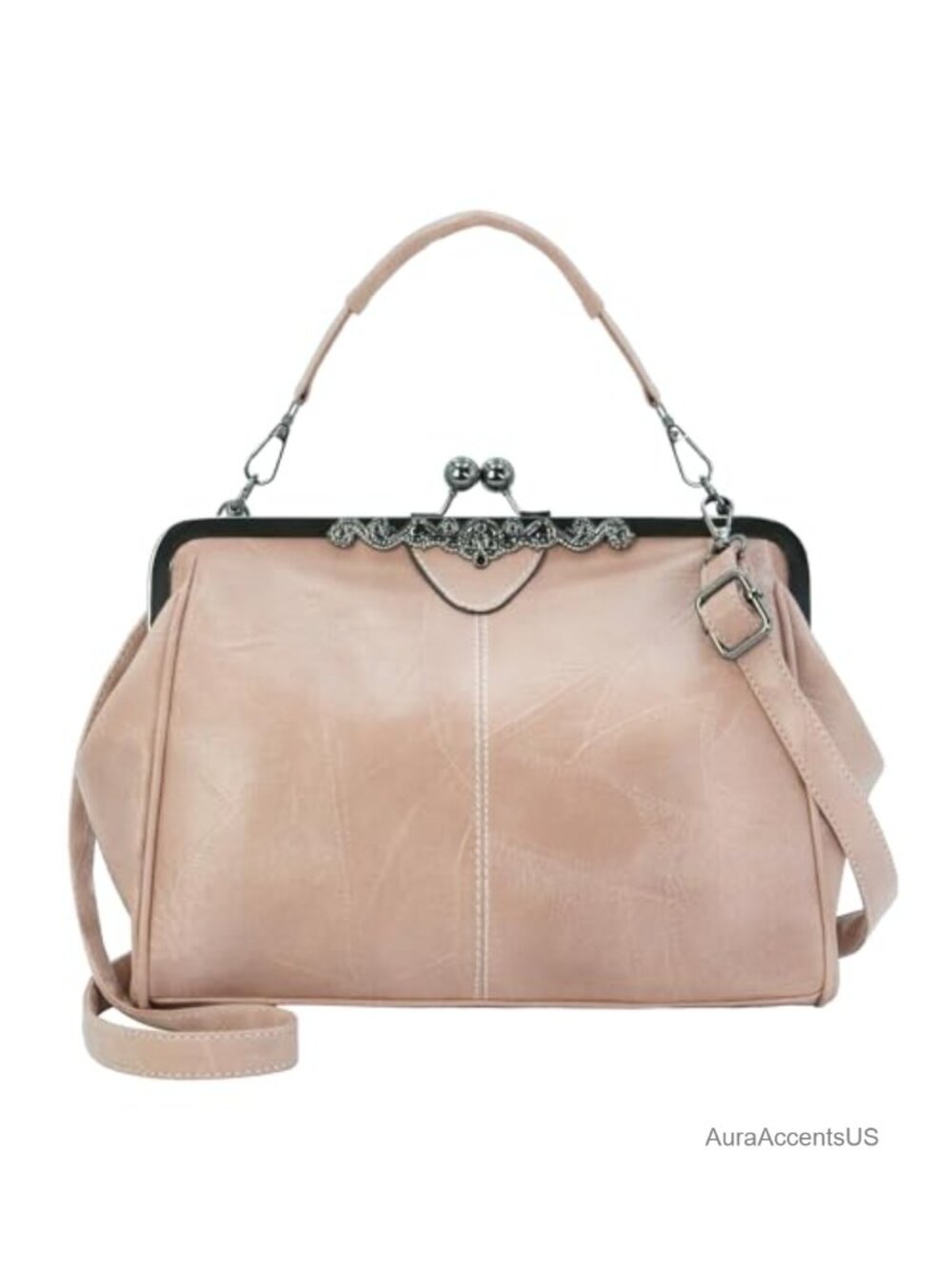Vintage Kiss Lock Satchel Crossbody Purse Women Faux Leather